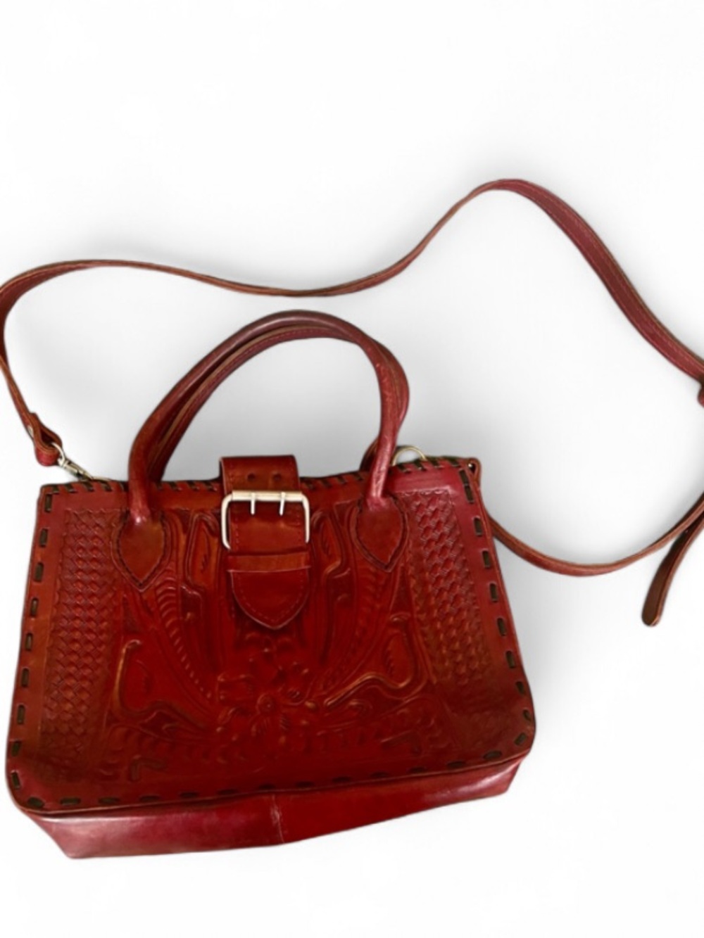 Tooled Leather Handbag with Long Strap